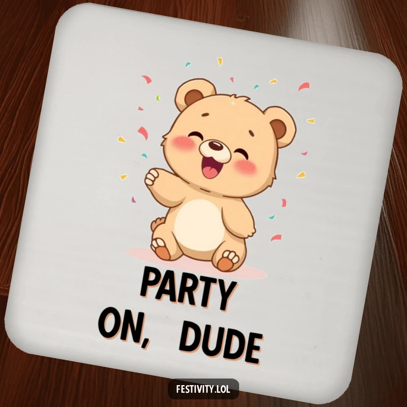 Funny drink coasters featuring a giggling bear cub tossing confetti, adding a touch of joy to any table.