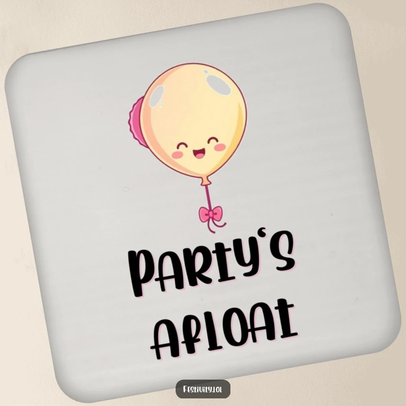 Funny Balloon Bobbing Coaster showcasing a happy balloon character cheerfully bobbing with streamers, adding humorous party flair to drink protection.