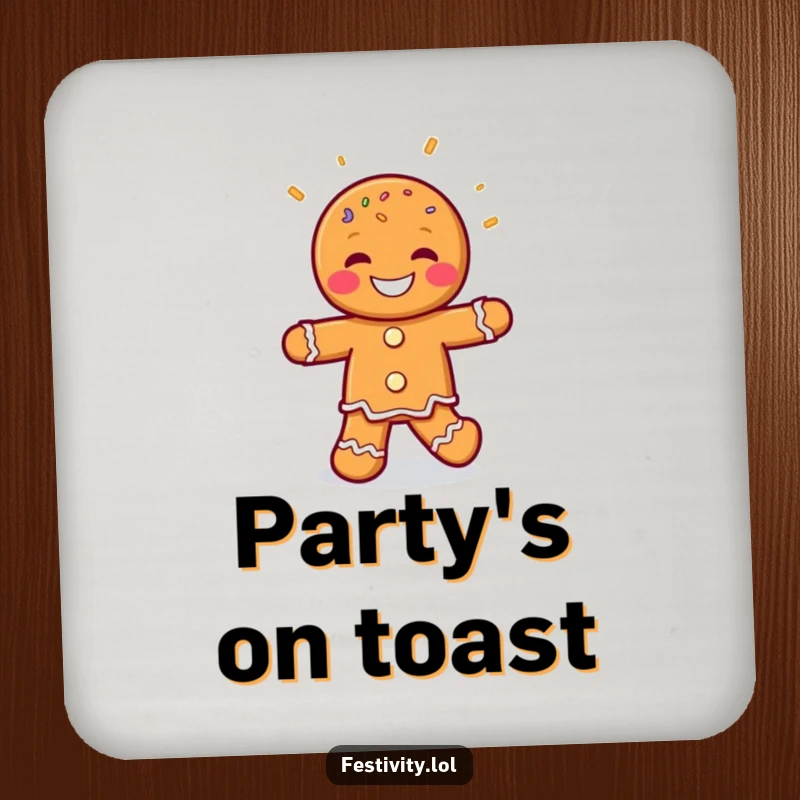 Funny Gingerbread Man Jig Coaster showcasing a grinning gingerbread man character doing a joyful jig, adding humorous flair to drink protection.