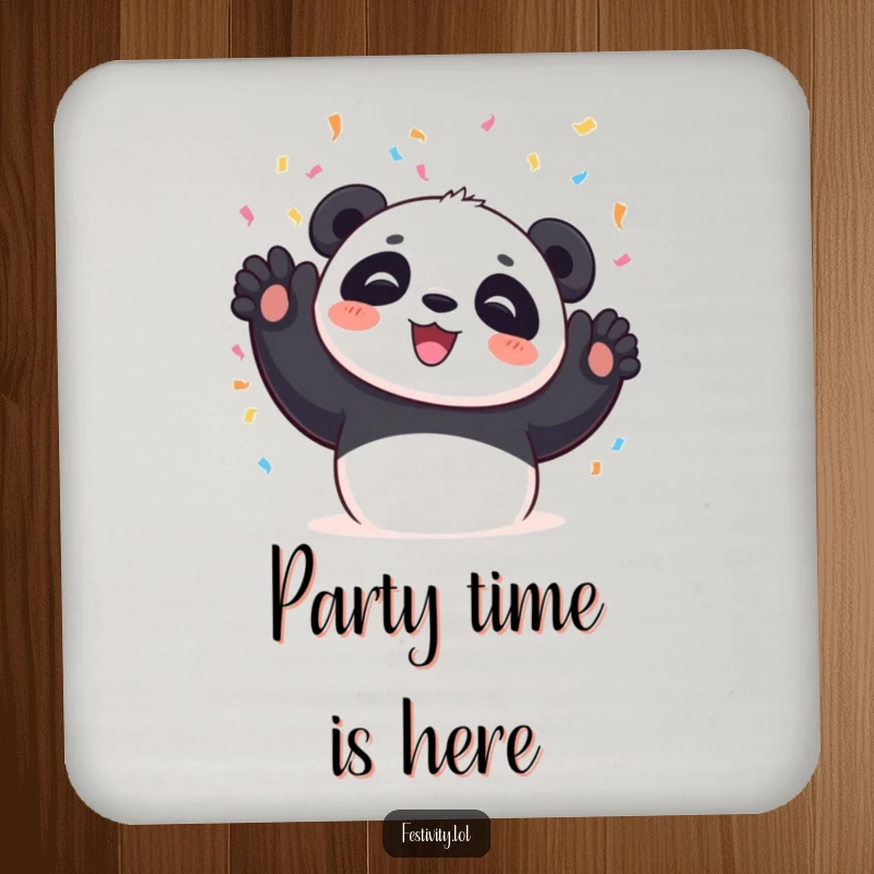 Funny Panda Drink Coaster showing a panda showering confetti, protecting surfaces with a cheerful and celebratory design.