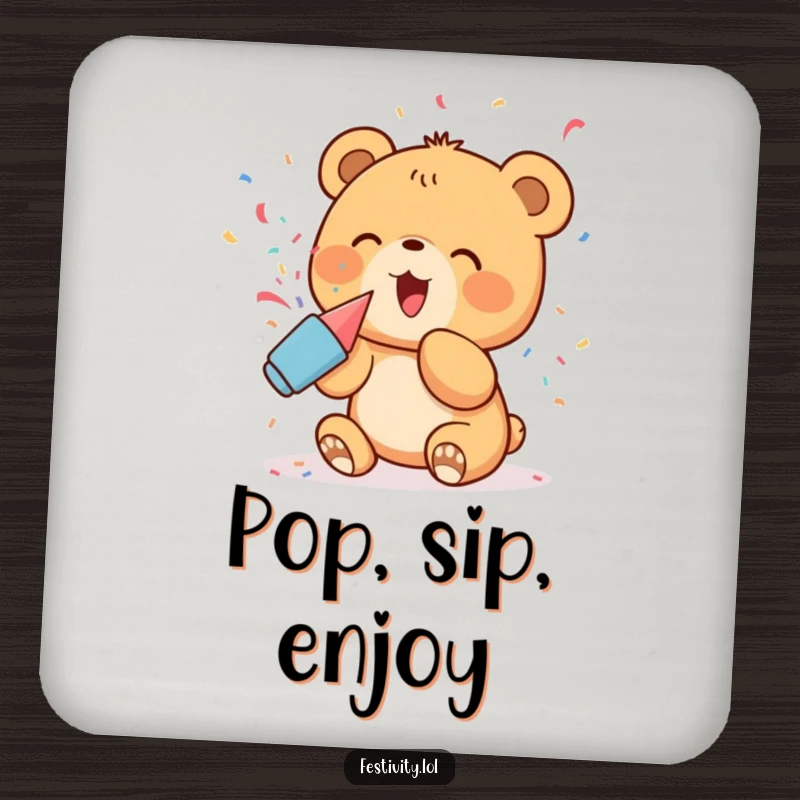 Funny Coaster: A delighted bear cub popping confetti from a party popper, a humorous and protective drink accessory.