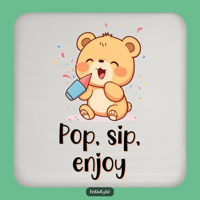 Funny Bear Cub Party Coaster: Excited Cub's Confetti Pop, Drink Protection Humor