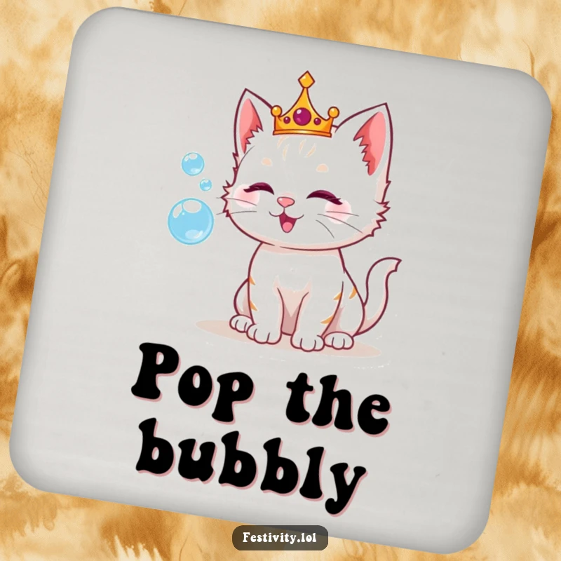 Funny drink coaster with a playful kitten wearing a crown, blowing shimmering bubbles, adding a royal and joyful touch.