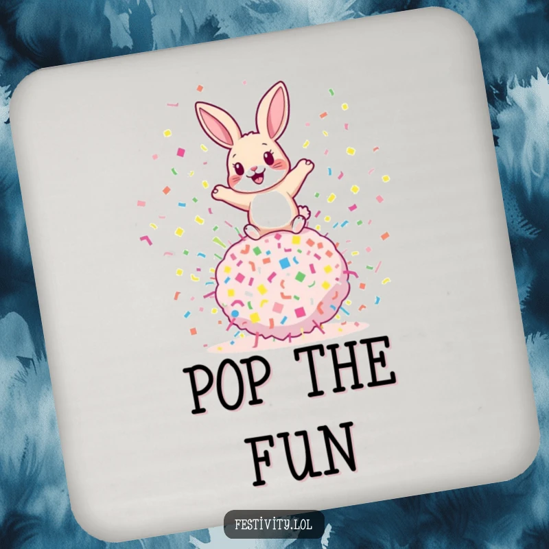 Funny rabbit drink coaster featuring a playful rabbit bouncing on a giant confetti bomb, adding a touch of humor and surface protection.