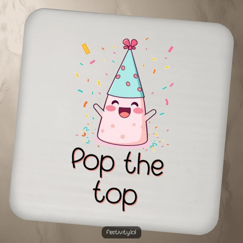 Funny cheerful party hat throwing confetti, a humorous coaster to protect surfaces from drinks.