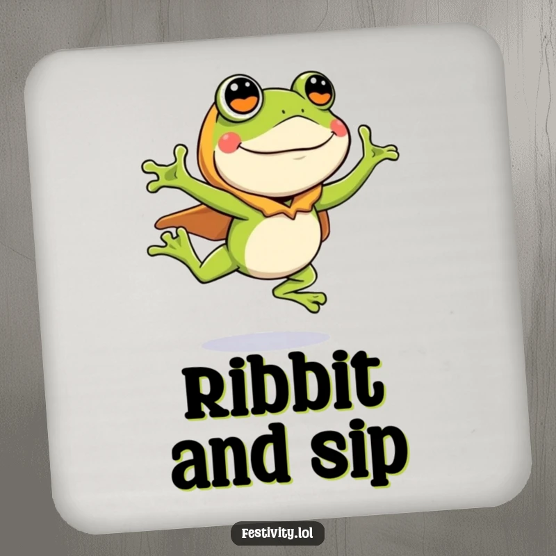 Funny drink coaster with a silly frog wearing a costume, leaping enthusiastically, humorous bar accessory.
