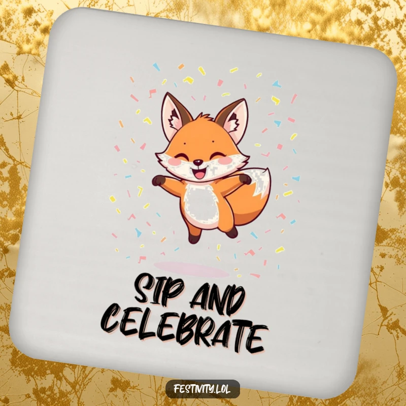 Funny drink coasters with a grinning fox leaping through confetti, adding playful humor to any table setting.