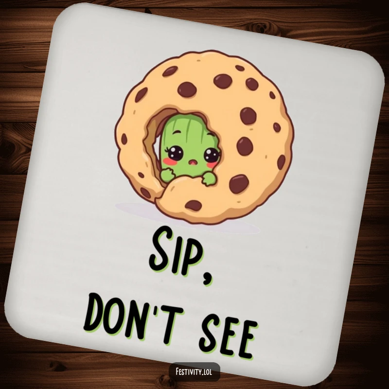 Funny drink coaster with a shy pickle peeking in surprise behind a cookie, protecting surfaces with humor.