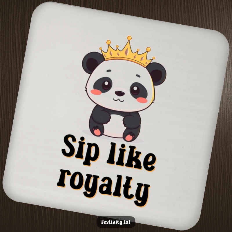Funny determined panda wearing a crown of tiny twinkling lights on a drink coaster, adding regal flair and surface protection.