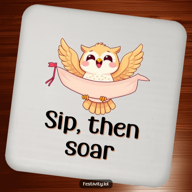 Funny owl drink coaster, a joyful bird soaring with a banner, protecting surfaces with a touch of humor.