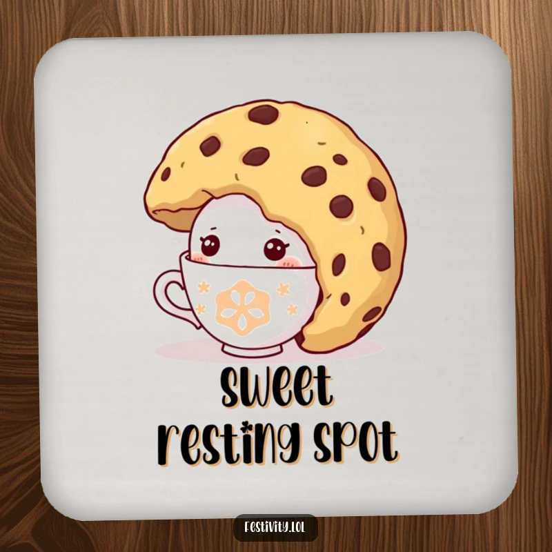 Funny Shy Teacup Coaster: A coaster featuring a shy teacup character comically peeking from under a giant cookie, protecting furniture with sweet humor.