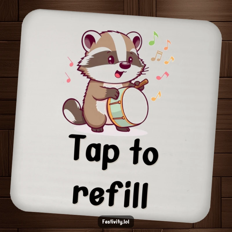 Funny drink coaster featuring a determined badger drumming, musical notes bursting forth, adding a musical vibe.