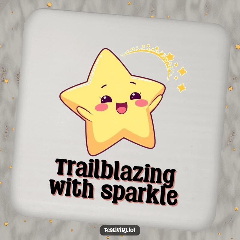 Funny Star Glitter Arc Coaster showcasing a delighted star character creating a dynamic arc of sparkling glitter, adding humorous celestial flair to drink protection.