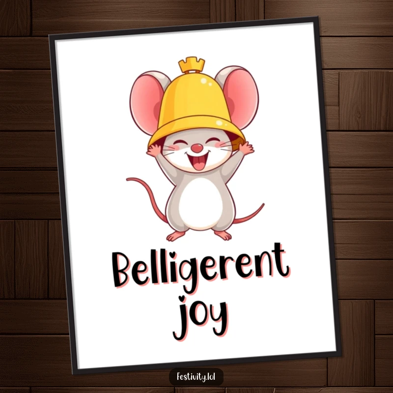 Funny poster art of a triumphant mouse ringing a giant golden bell with pure joy, celebrating accomplishments.