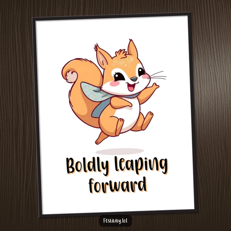 Funny art print of a playful squirrel wearing a sparkly cape, leaping joyfully, capturing heroic movement.