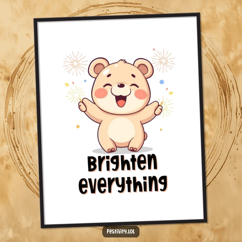 Funny poster art of a joyful bear cub waving sparklers with a wide smile, a heartwarming and celebratory decoration.
