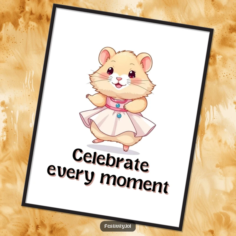 Funny, fluffy hamster wearing a tiny party dress and twirling happily, a humorous and vibrant piece of wall art.