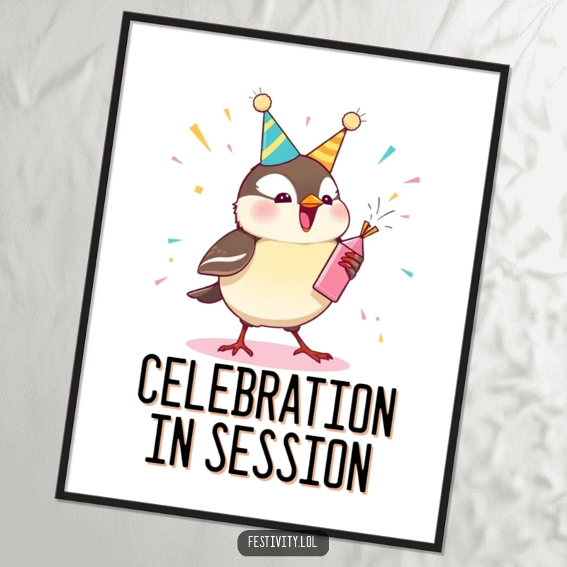 Funny chickadee poster showcasing an excited bird with a party popper mid-explosion, adding a touch of playful celebration to any room.