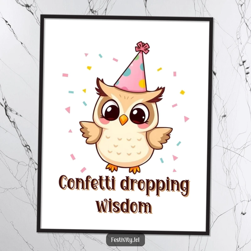 Funny owl poster featuring a festive owl in a party hat scattering confetti, a joyful and humorous piece of wall art.