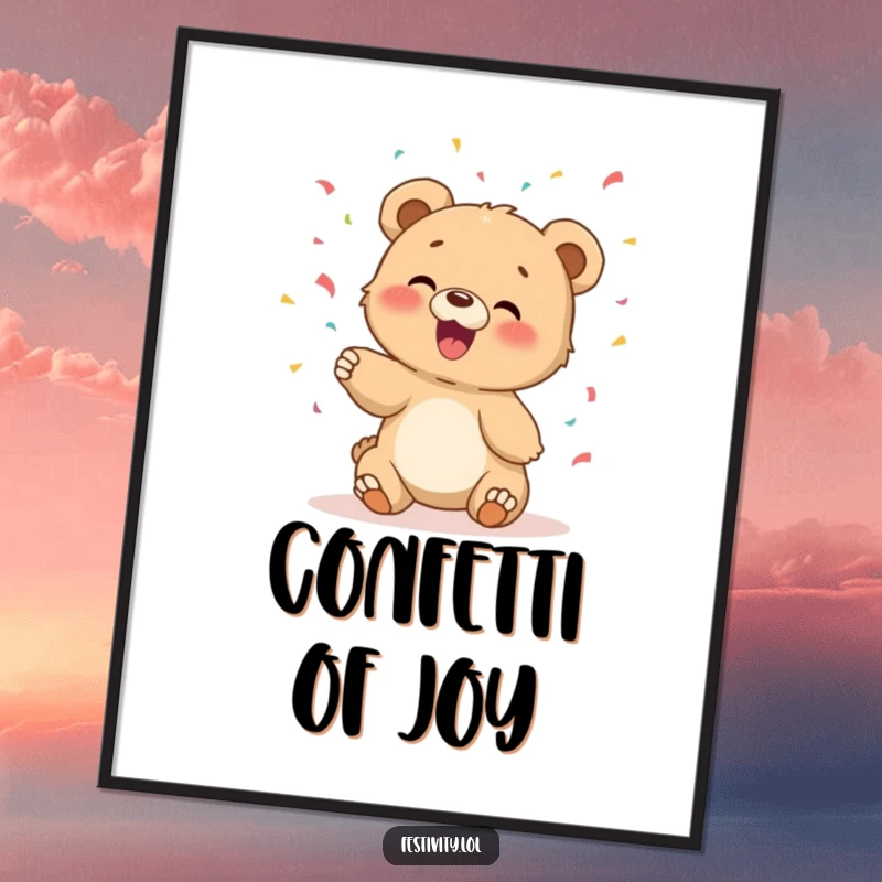 Funny art print of a giggling bear cub joyfully tossing confetti, adding a festive and cheerful atmosphere.