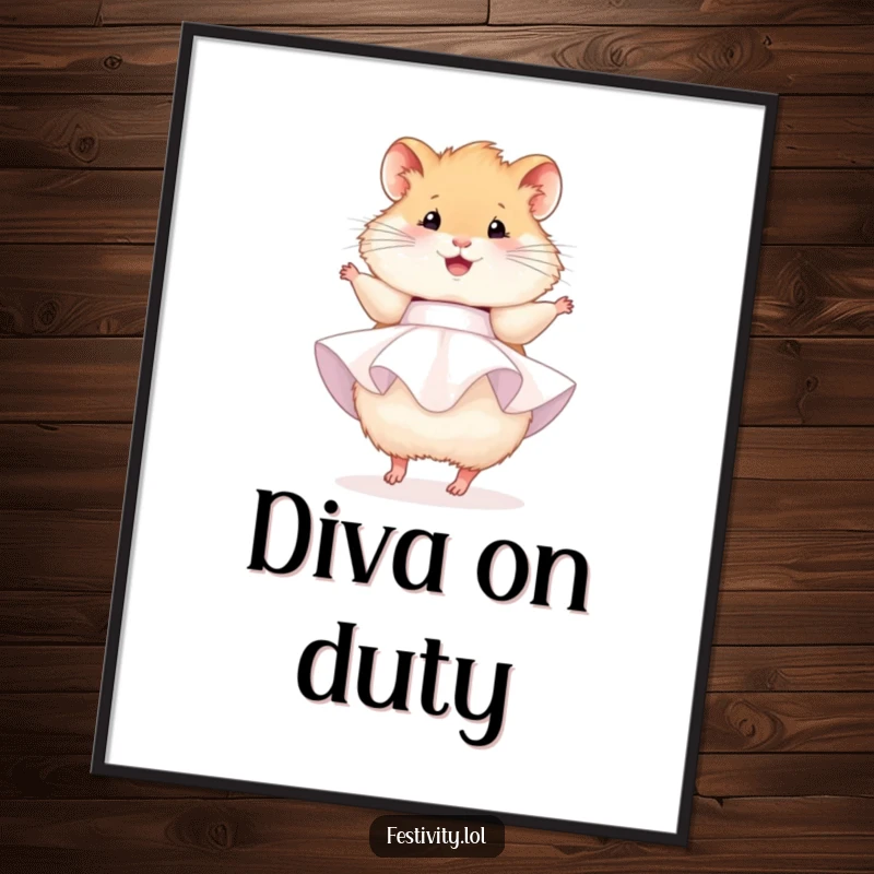 Funny hamster poster, a fluffy hamster in a tiny party dress, joyfully twirling, bringing cute and festive vibes.