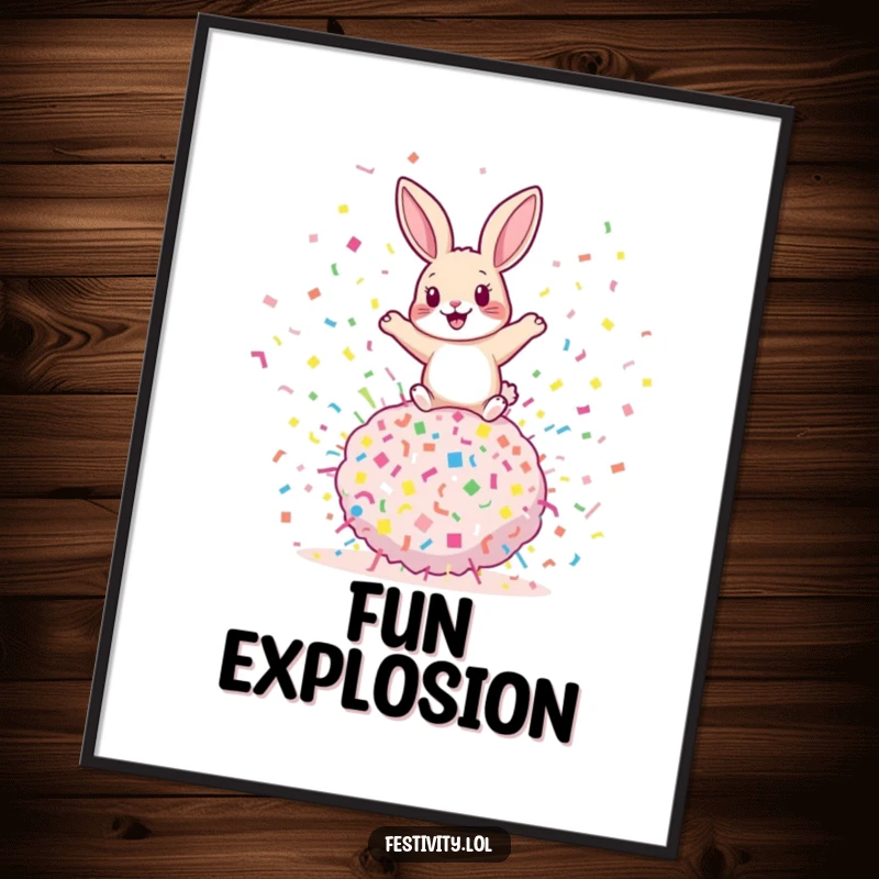 Funny rabbit confetti poster depicting a playful rabbit bouncing on a giant confetti bomb, creating a vibrant and humorous wall art.