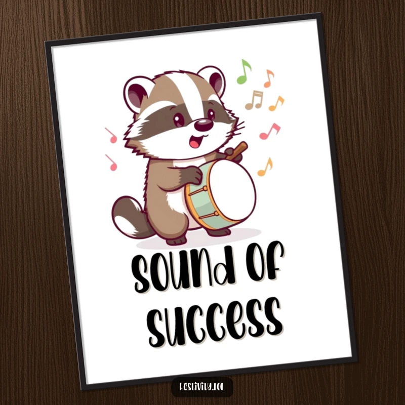Funny poster art of a determined badger drumming, with musical notes bursting forth, creating a visual symphony.