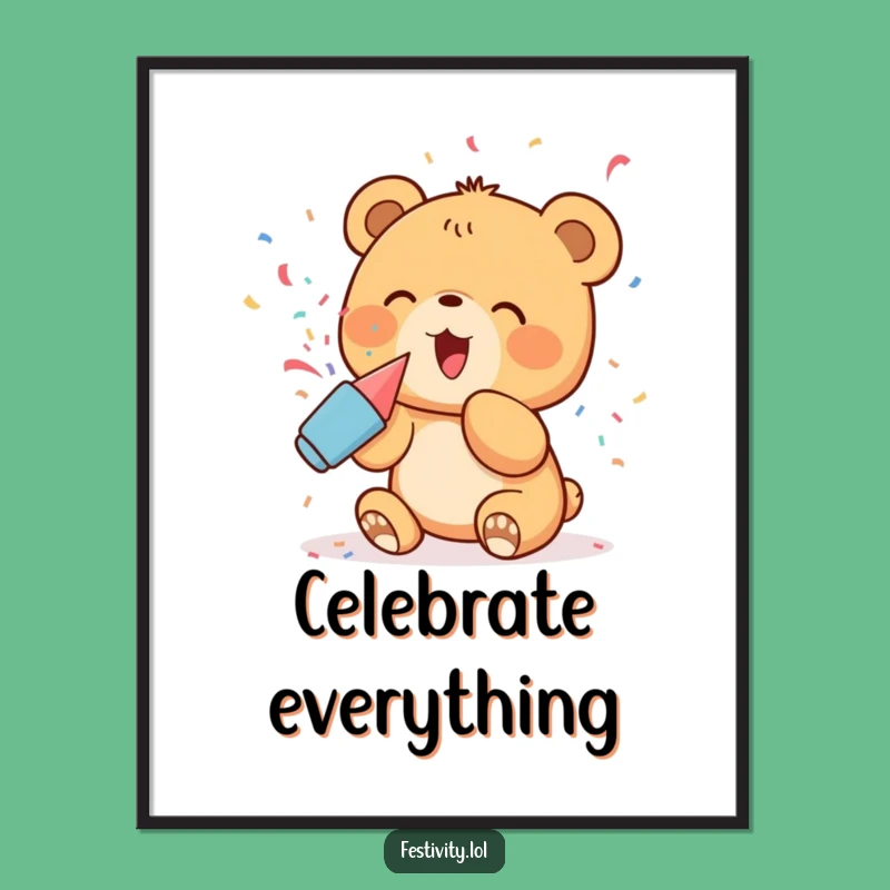 Funny Bear Cub Party Poster: Excited Cub's Confetti Burst, Quirky Celebration Art