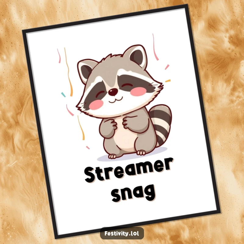 Funny poster art of a blushing raccoon caught in a moment of playful shyness, attempting to catch falling streamers.