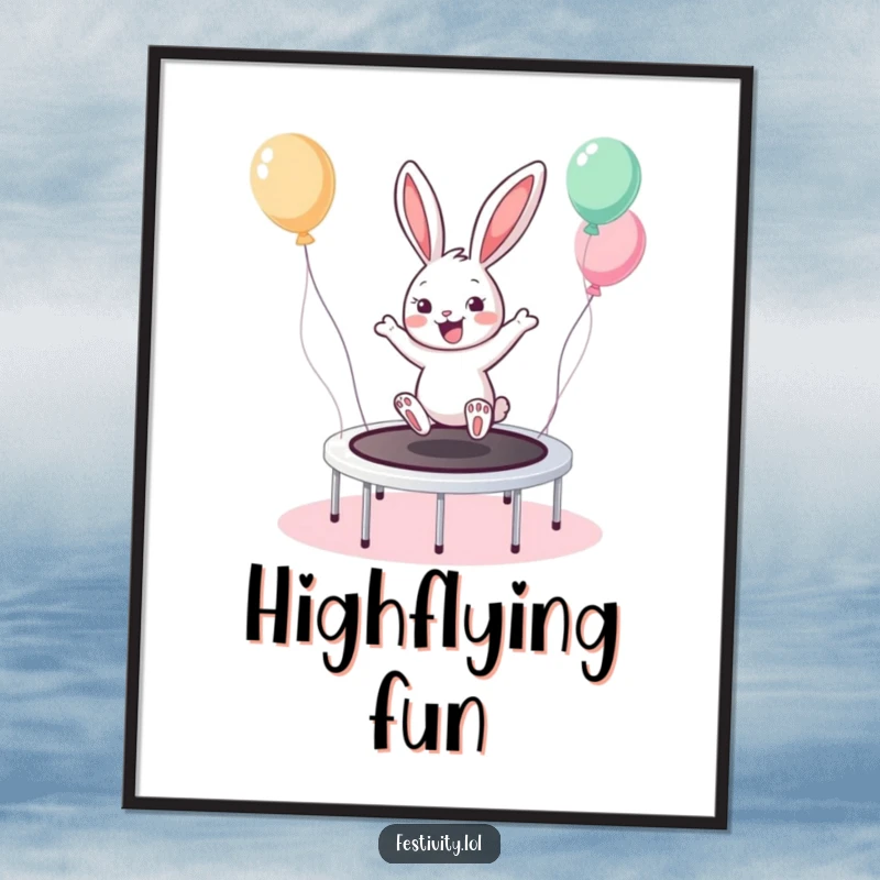 Funny Bunny Trampoline Poster shows a cheerful bunny enthusiastically bouncing on a trampoline with balloons, full of fun.