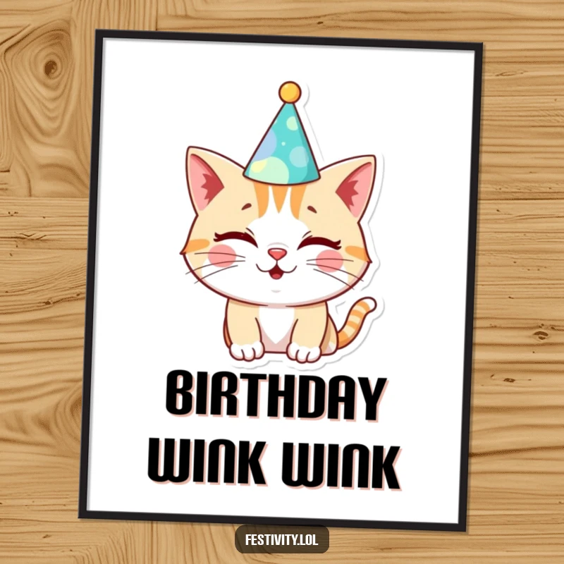 Funny Cat Birthday Poster: A cheerful cat winks in a silly hat, creating a humorous and festive piece of wall art.