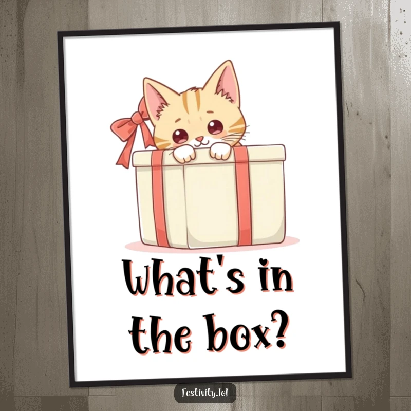 Funny, curious cat peeking from behind a large gift box, a humorous and whimsical piece of wall art.