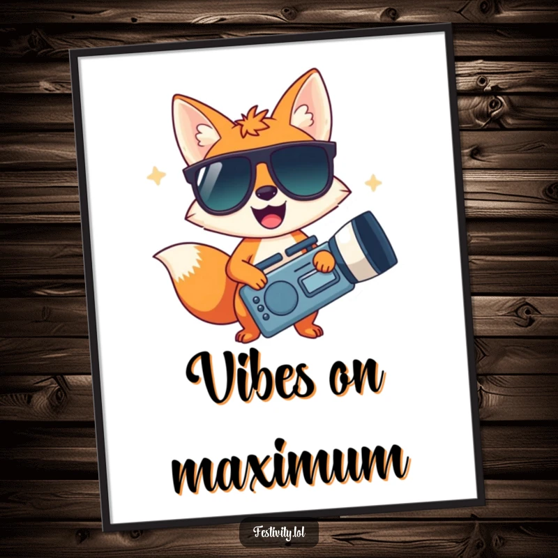 Funny poster art of a happy fox in oversized sunglasses with a giant noisemaker, emanating party vibes.