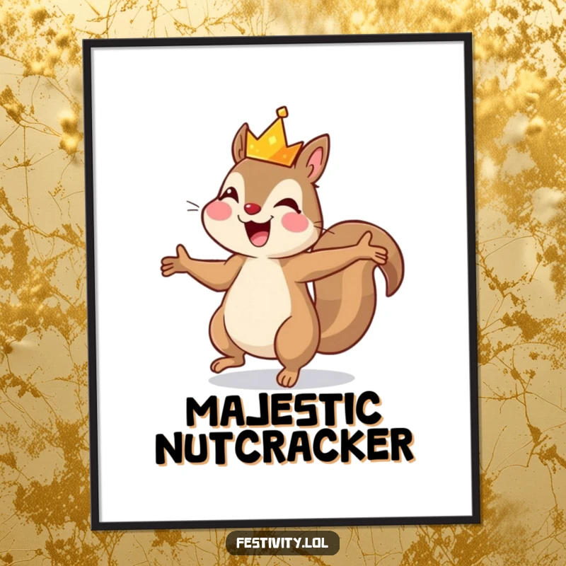 Funny poster print of a joyful squirrel dancing ecstatically with a tiny sparkling crown, bringing humor and regality.