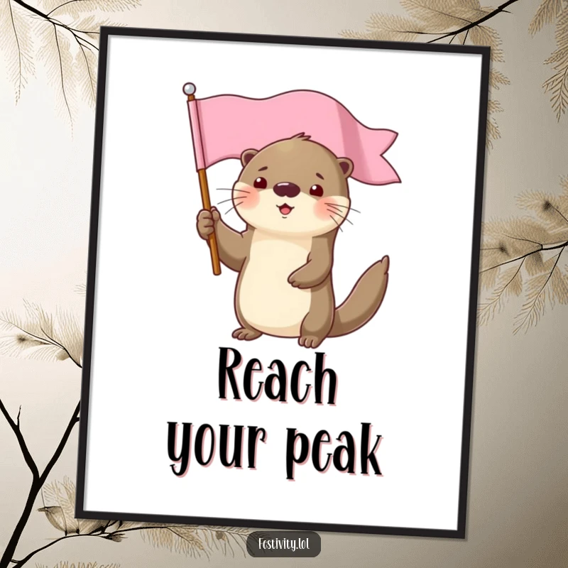 Funny determined otter character smiling holding a flag high poster, bringing celebratory decor.