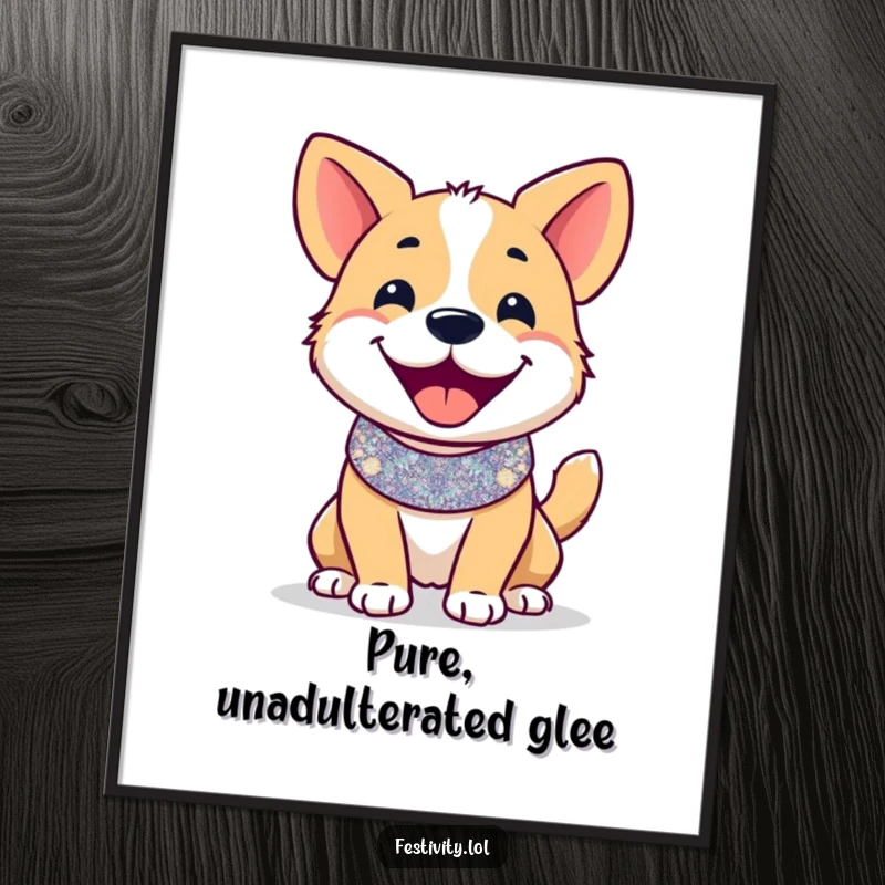 Funny poster: A smiling dog wearing a festive, glittery collar and wagging its tail with exuberant happiness.