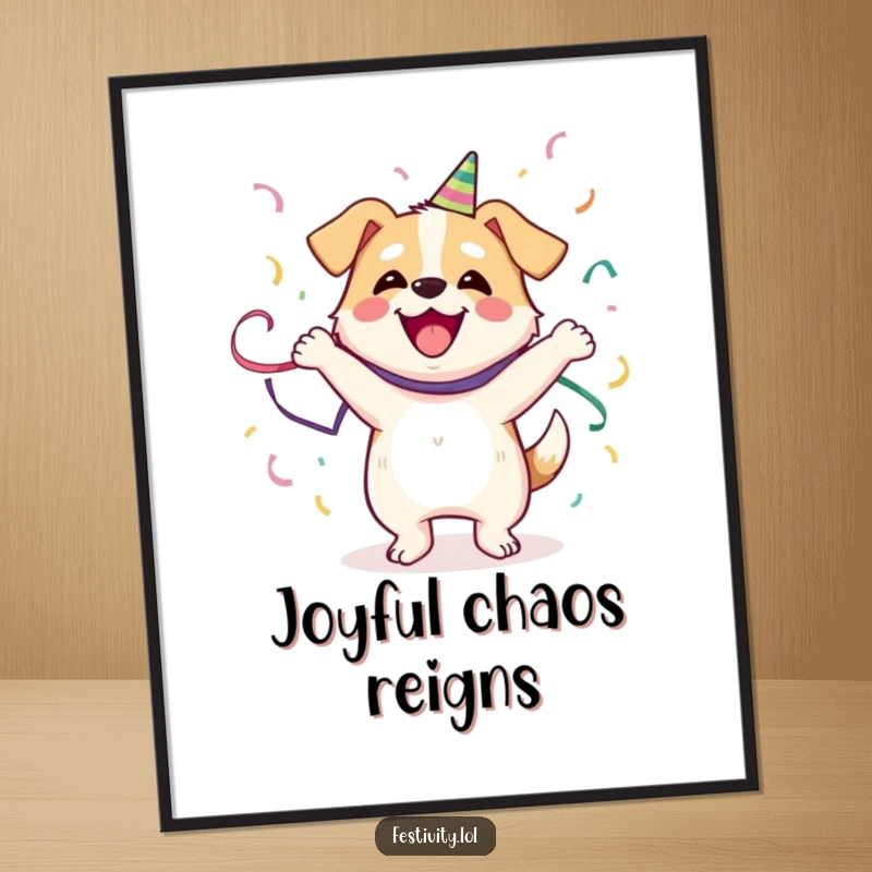 Funny Dog Poster: A happy dog dances joyfully, wrapped in streamers, bringing humorous celebration to your decor.