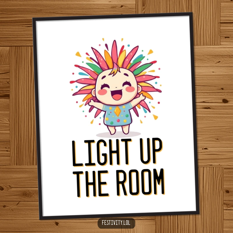 Funny poster of a jubilant firework character bursting with colorful, joyful patterns, creating a festive atmosphere.