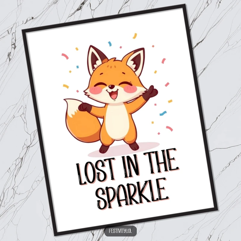 Funny poster art of a fox dancing with pure delight as confetti falls, creating a scene of vibrant and infectious celebration.