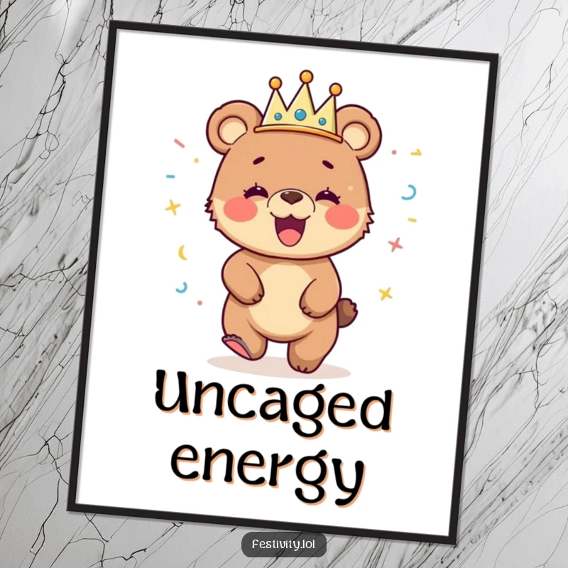 Funny poster of a giggling bear cub in a streamer crown, captured mid-dance, radiating infectious party energy.