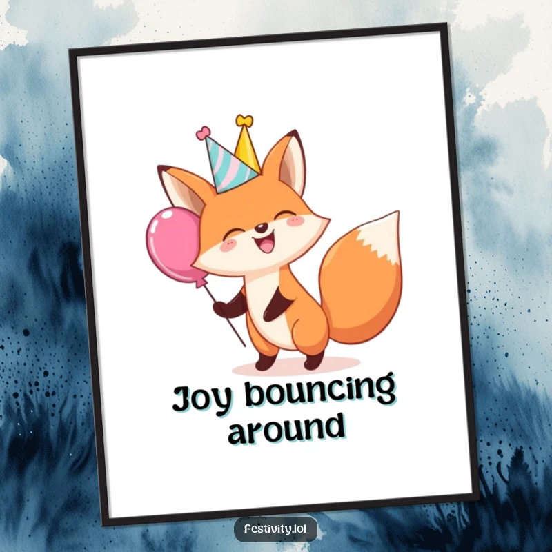 Funny poster print of a giggling fox wearing a party hat and bouncing a large balloon, ideal for cheerful wall decor.