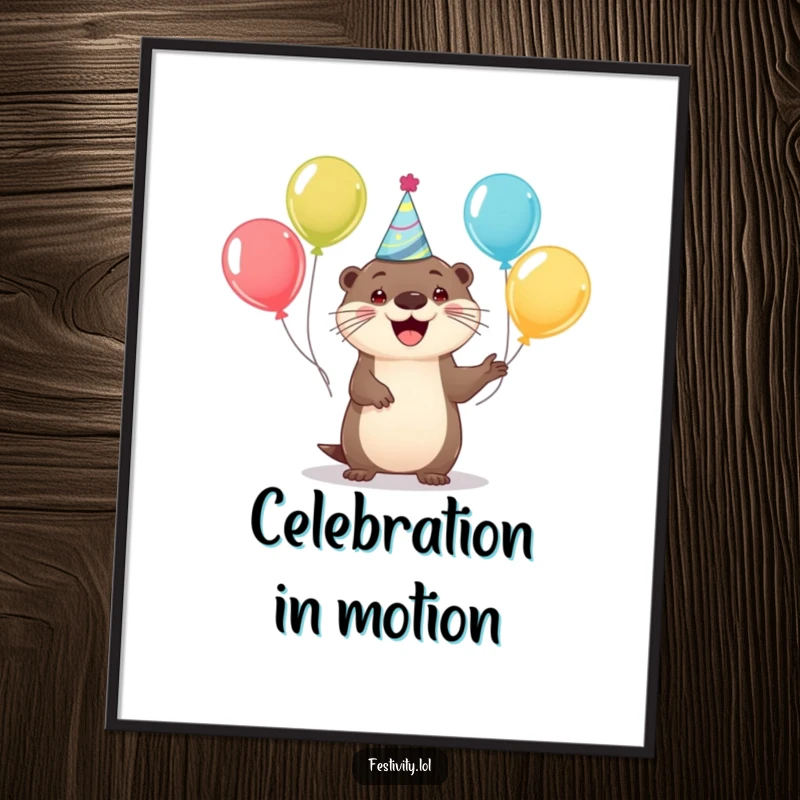 Funny poster art of a happy otter in a party hat juggling colorful balloons, a joyful and festive decoration.