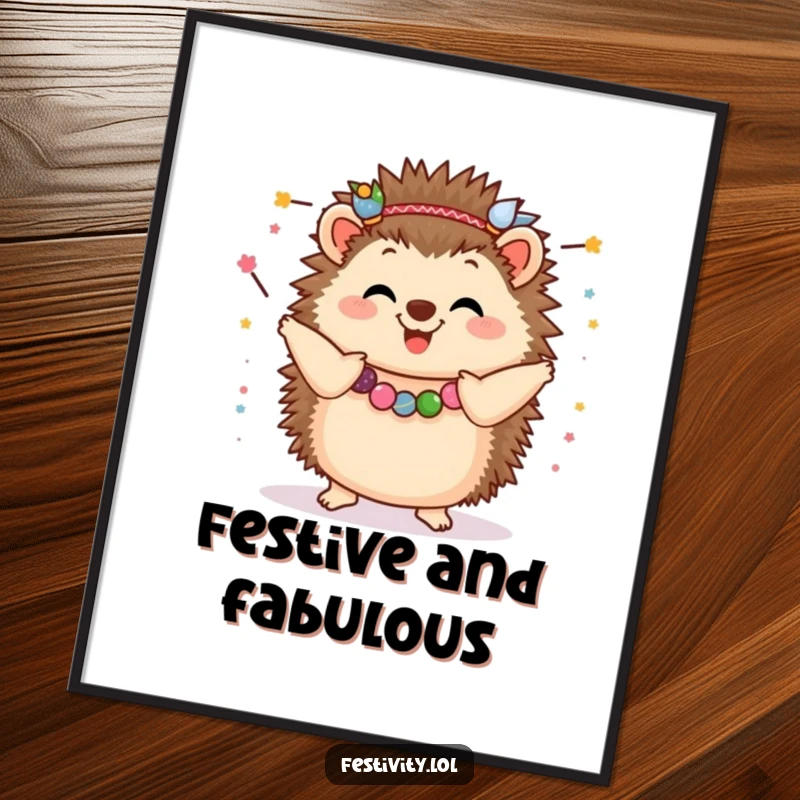 Funny Hedgehog Poster: A happy hedgehog adorned with festive garlands, dancing gleefully, bringing a touch of funny celebration.