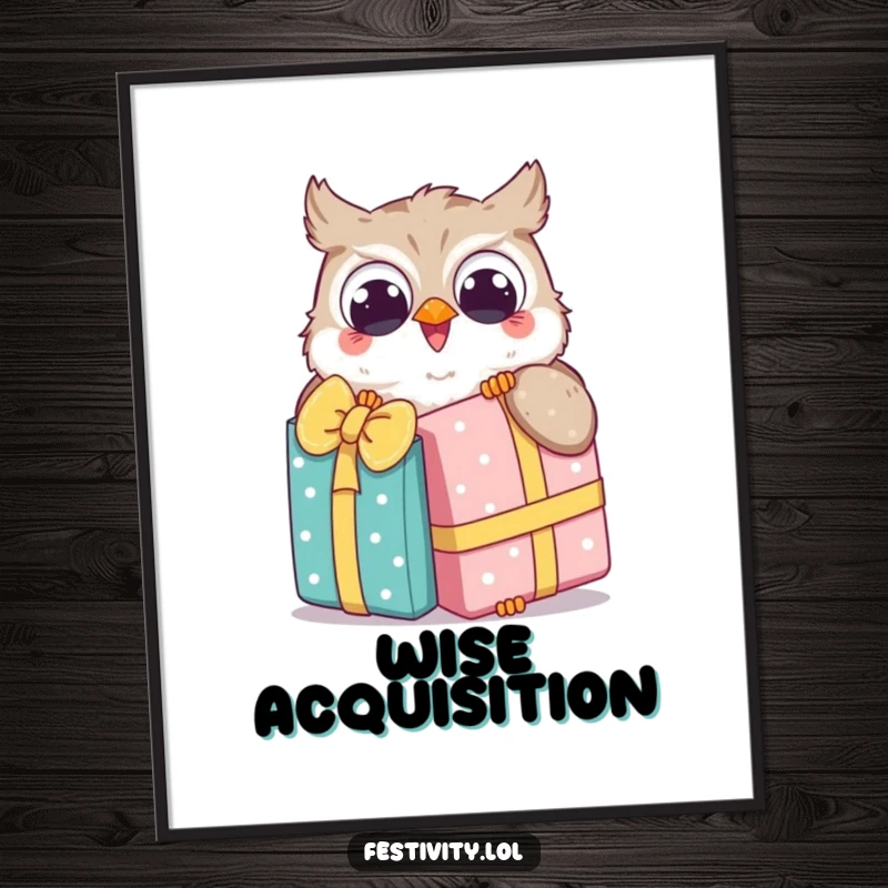 Funny Owl Poster depicts a happy owl joyfully unwrapping a comically large gift, exuding wonder and humor.