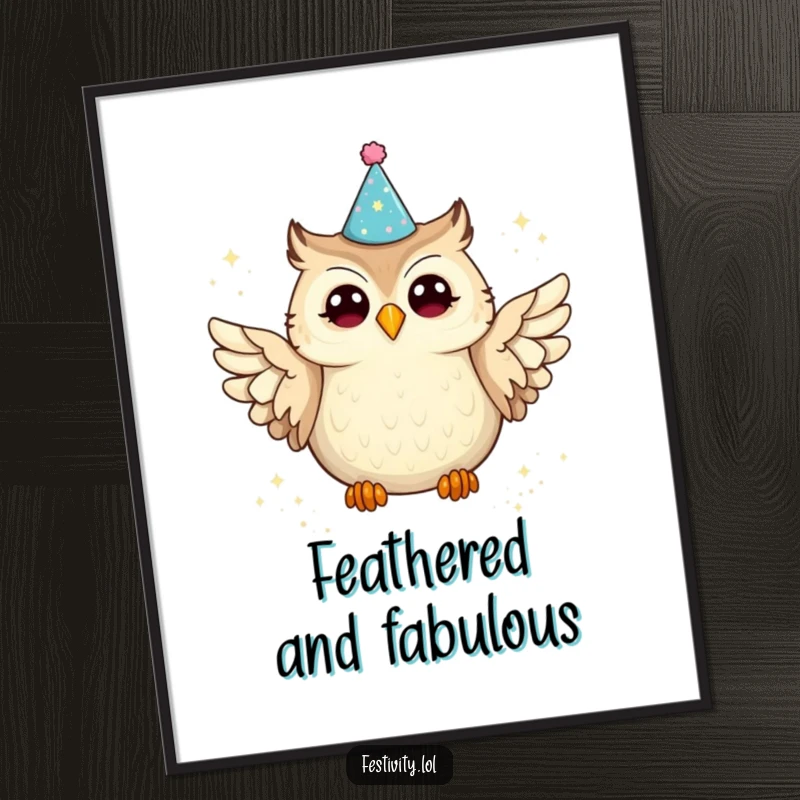 Funny owl party poster featuring a joyful owl wearing a hat, spilling glitter from its wings in a whimsical artistic display.