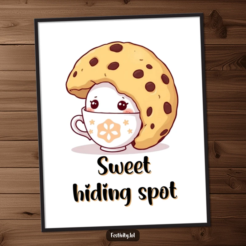 Funny Shy Teacup Poster: A charming artwork showing a shy teacup character comically peeking from under a giant cookie, full of sweet fun.