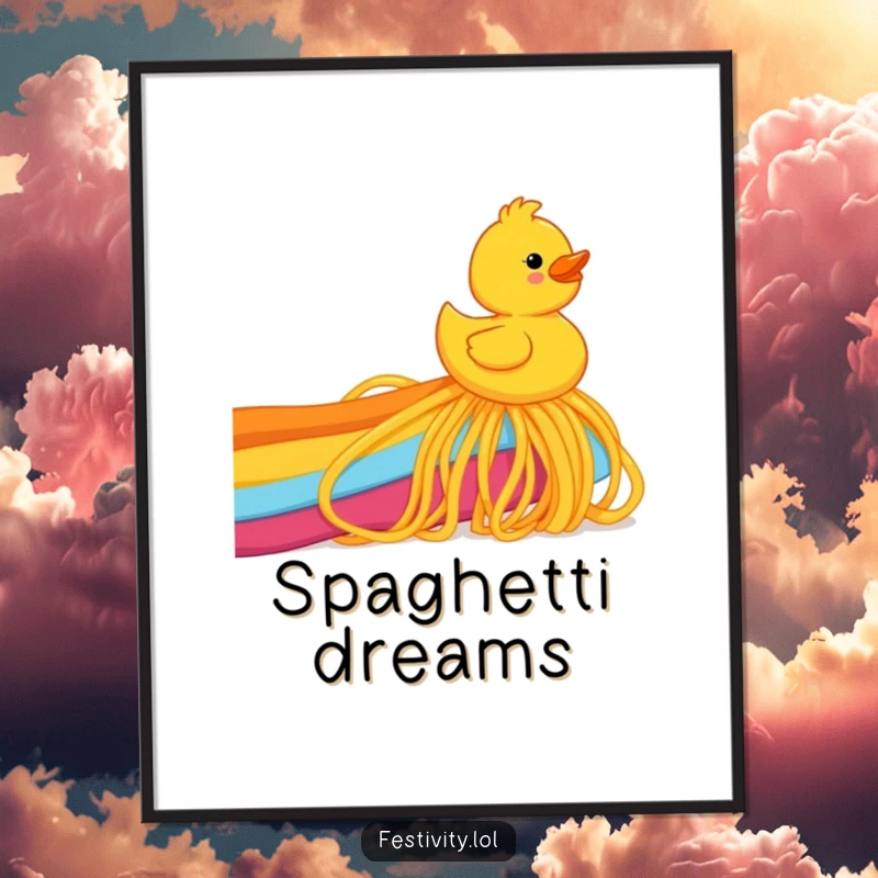 Funny rubber ducky joyfully sliding down a rainbow made of spaghetti, high-quality poster print for humorous and whimsical wall art.