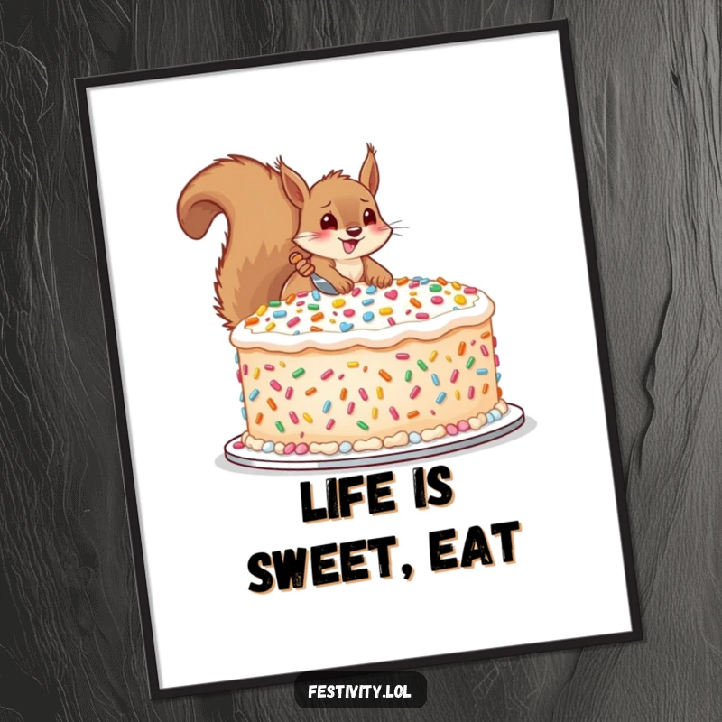 Funny poster print of a happy squirrel decorating a huge cake with oversized sprinkles, ideal for cheerful kitchen decor.
