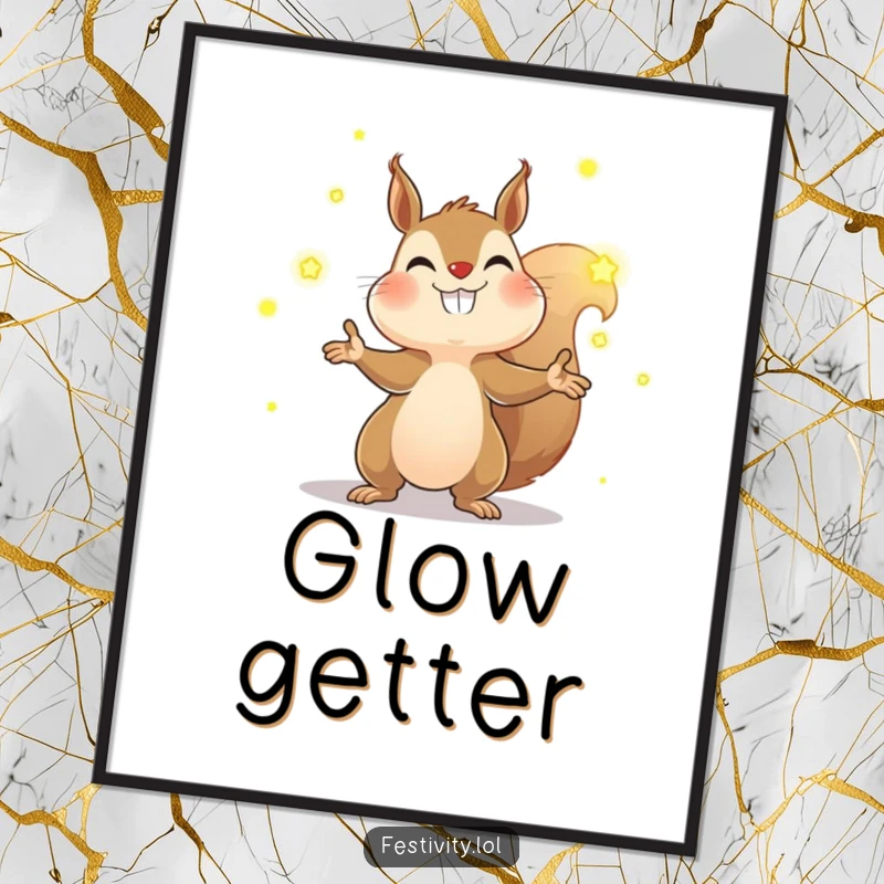Funny squirrel firefly poster depicting a determined squirrel with a wide grin juggling glowing fireflies, creating a magical and humorous wall art.