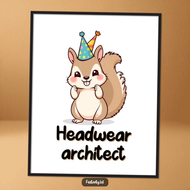 Funny Squirrel Party Hat Poster shows a mischievous squirrel stacking mismatched party hats, adding humorous whimsy.